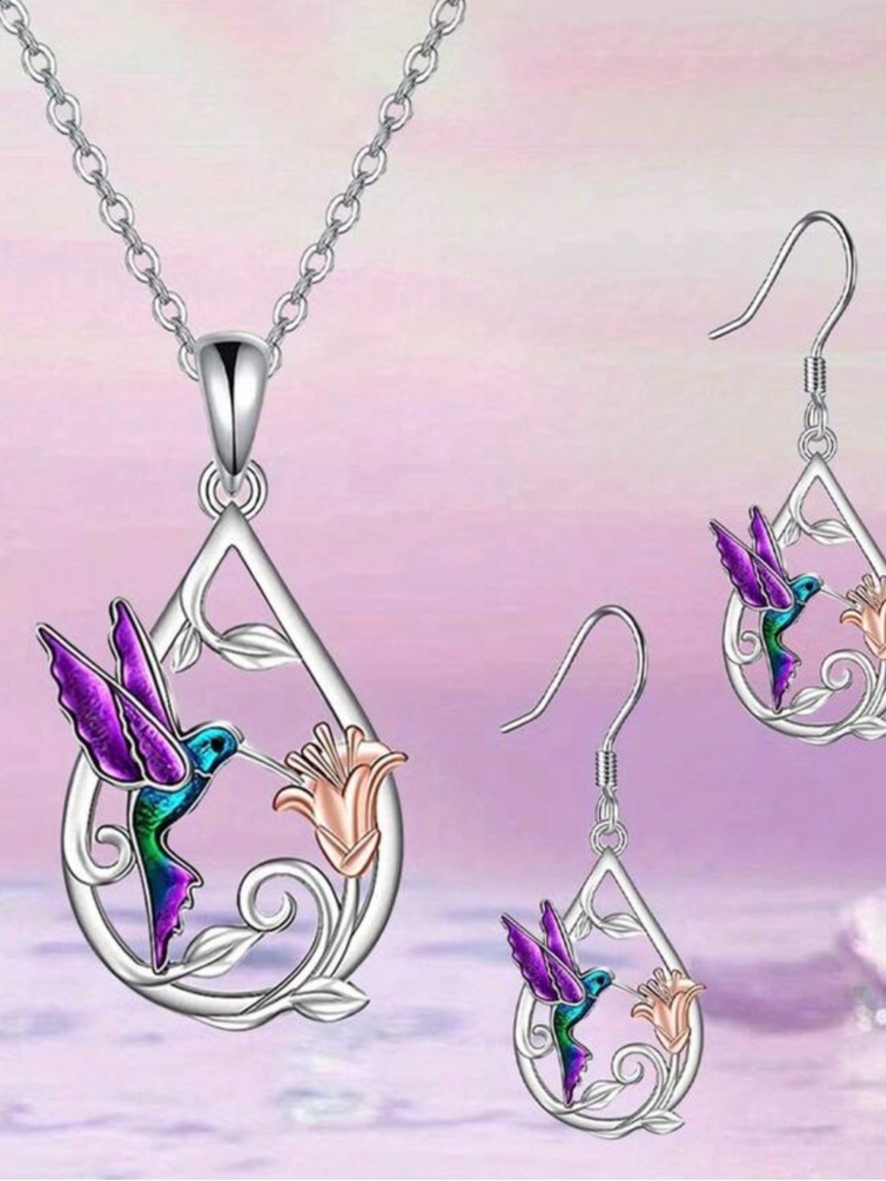 Silver Hummingbird Drop Necklace & Earring Set - Purple Green Accent